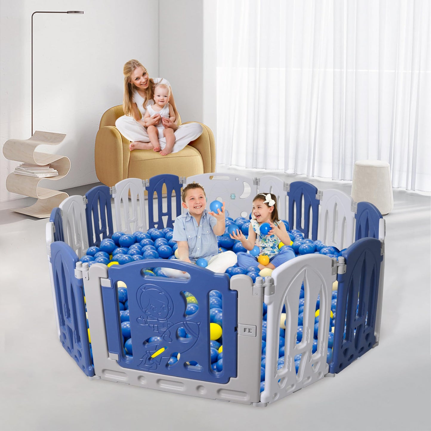 On9 Playpen Baby Playpen Foldable Baby Safety Gate with Door and Toy Board, 14+2 Panel Blue+White Baby Safety Gate, Plastic Playpen(14 Pieces)