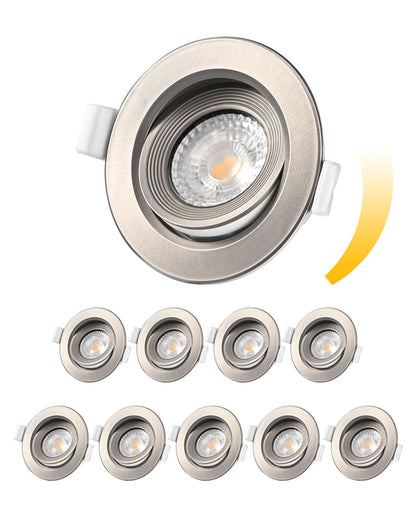 EDISHINE LED Recessed Lights 230V, Flat Dimmable LED Spots, 64mm Swiveling Recessed Lights, Warm White 3000K, 5W 400LM Recessed Lights, Replacement for 50W Halogen Lamp, Nickel Color, 10-Piece Set