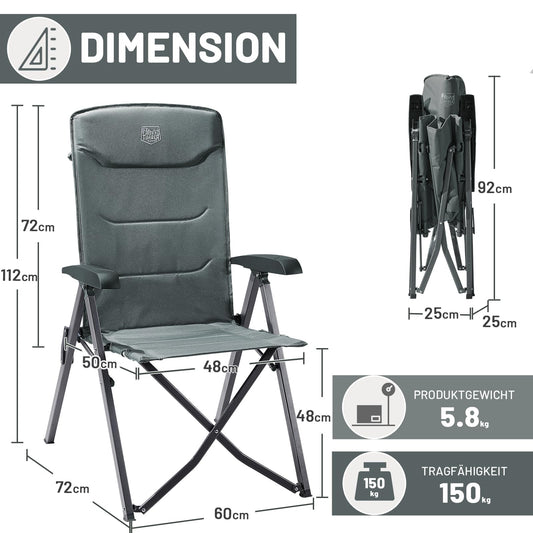 TIMBER RIDGE 2-person Camping Chair Foldable Compact Folded Size Camping Chair 150kg High Backrest with 4 Adjustable Positions with Bag Aluminum Recliner for Garden Balcony RV Grey