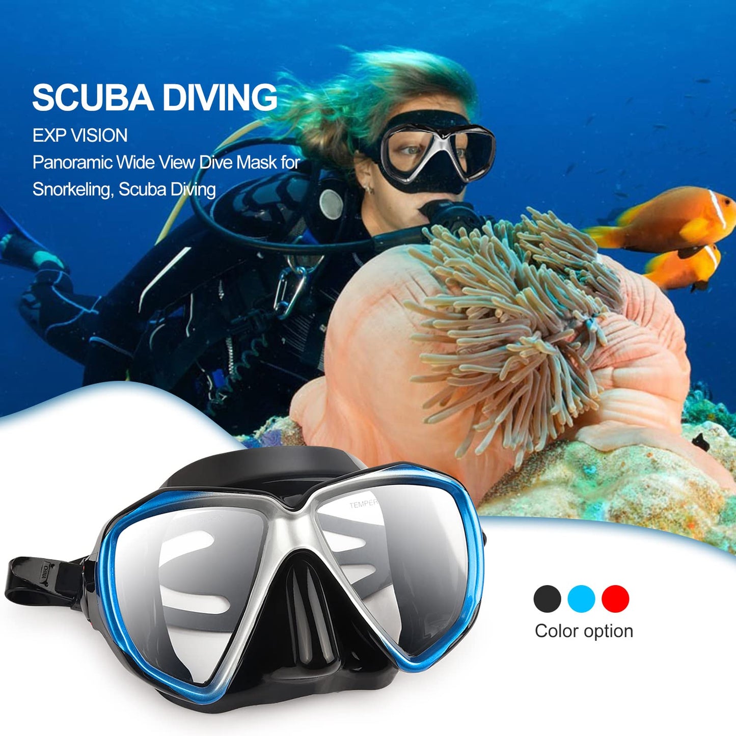 Adult diving mask with anti-fog snorkel mask, tempered glass swim mask and nose cover for snorkeling and swimming (A-Blue)