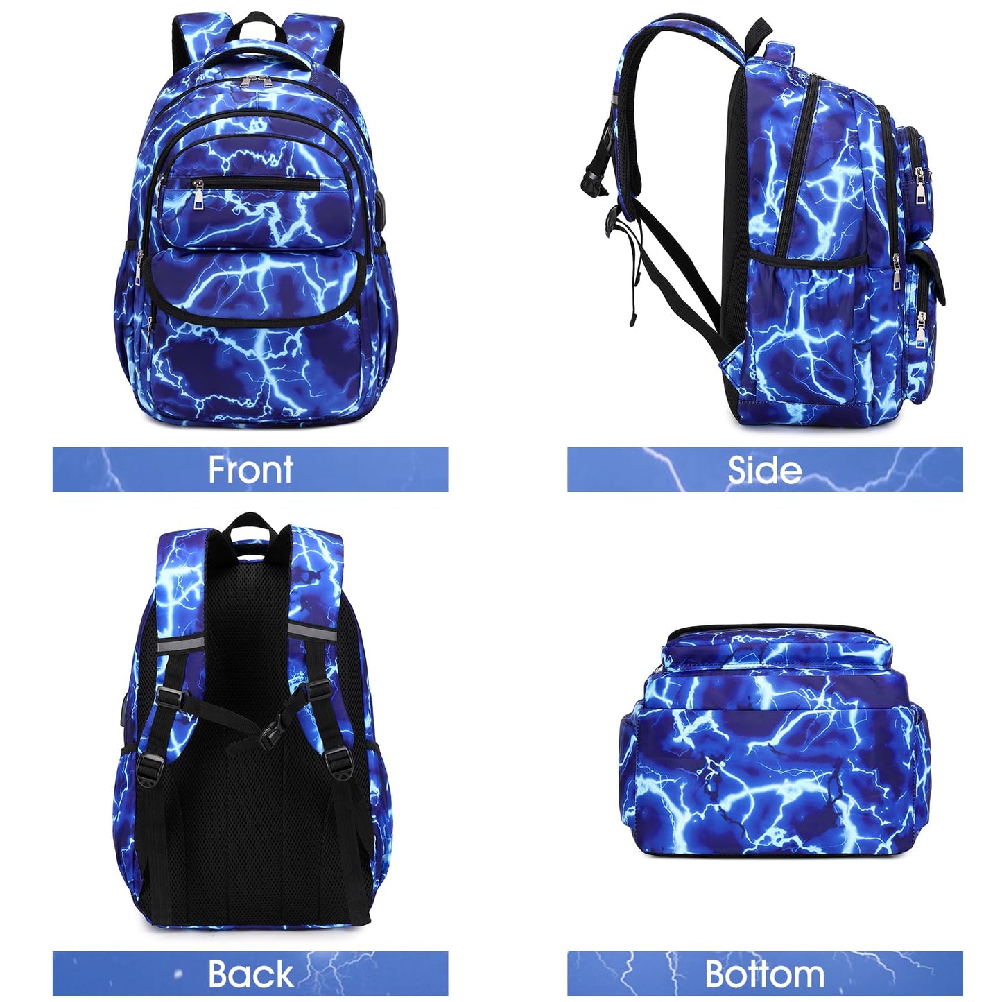 Bevalsa backpack for boys, flash school bag for children with lunch bag and pencil case, book bag for boys girls kids teens for elementary middle school Congratulations (Lightning strike)