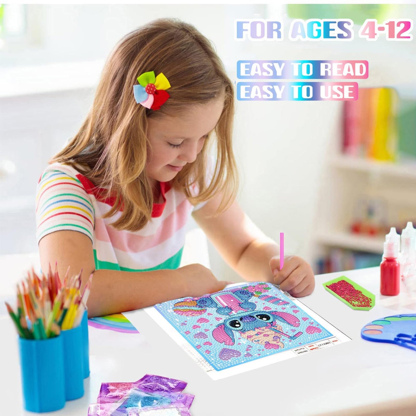 ZephyrHome 5D Diamond Painting Kit for Kids with frame, DIY Stitch Diamond Painting Set, Paint By Numbers Diamond Painting for Adults, Arts and Crafts Pictures for Home Wall Decor Cartoon Mosaic Making