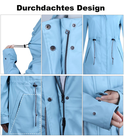 Women's waterproof raincoat, breathable rain jacket, long windbreaker, lightweight transitional jacket, Friesian summer coat, blue, size 38.