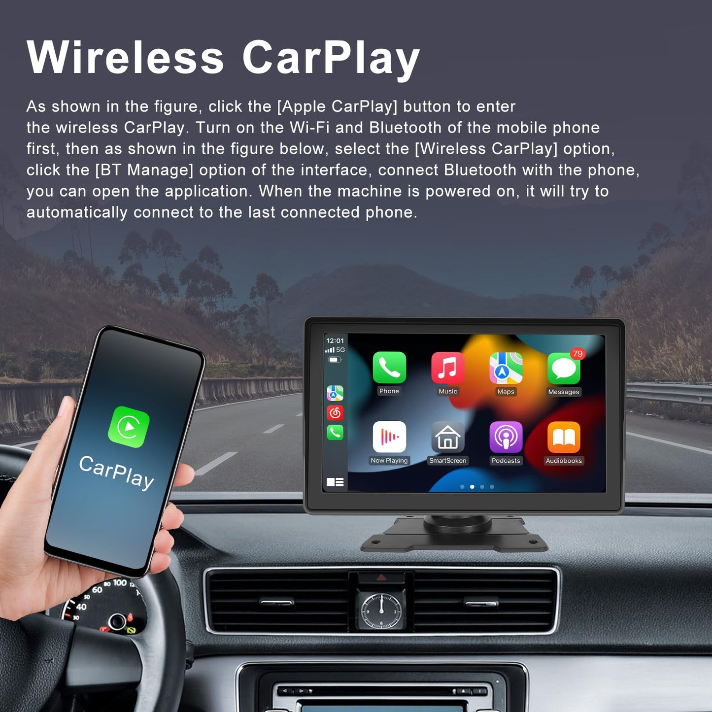 CAMECHO Wireless Carplay&Android Auto Display, 7-inch Portable Car Radio with Touchscreen, Car Play Monitor Supports Bluetooth/Siri/FM/Airplay/AUX+Rearview Camera.
