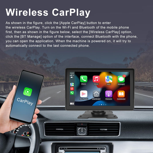 CAMECHO Wireless Carplay&Android Auto Display, 7-inch Portable Car Radio with Touchscreen, Car Play Monitor Supports Bluetooth/Siri/FM/Airplay/AUX+Rearview Camera.