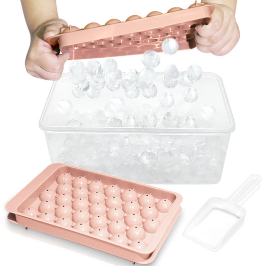 WIBIMEN Round Ice Cube Tray, 2.5 cm x 66-Piece Ice Cube Tray for Freezer with Container, Mini Circular Ice Cube Tray, Sphere Shape, Ice Cooling, Tea and Coffee (Pink)