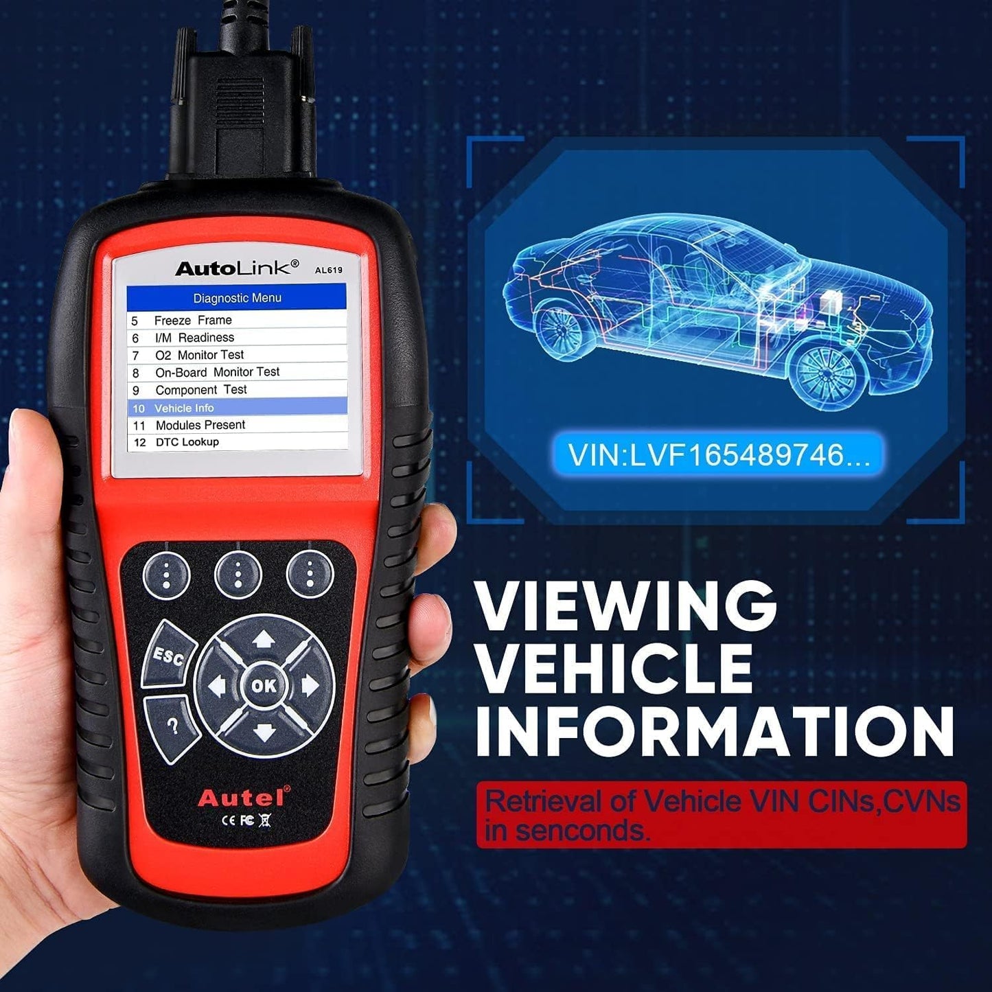 Autel AutoLink AL619 OBD2 Scanner, Car ABS/SRS Diagnostic Tool, Reset ABS Airbag Warning Lights, OBDII Function with Live Data, Ready Test, Advanced from ML619/ML519/AL519.