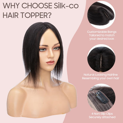 Silk-co Hair Topper Real Hair, 10x12cm Base Women's Toupee, Hair Topper Real Hair with Remy Silk Base, Hair Topper Clip in Hairpiece Extensions, 40cm 1B# Natural Black