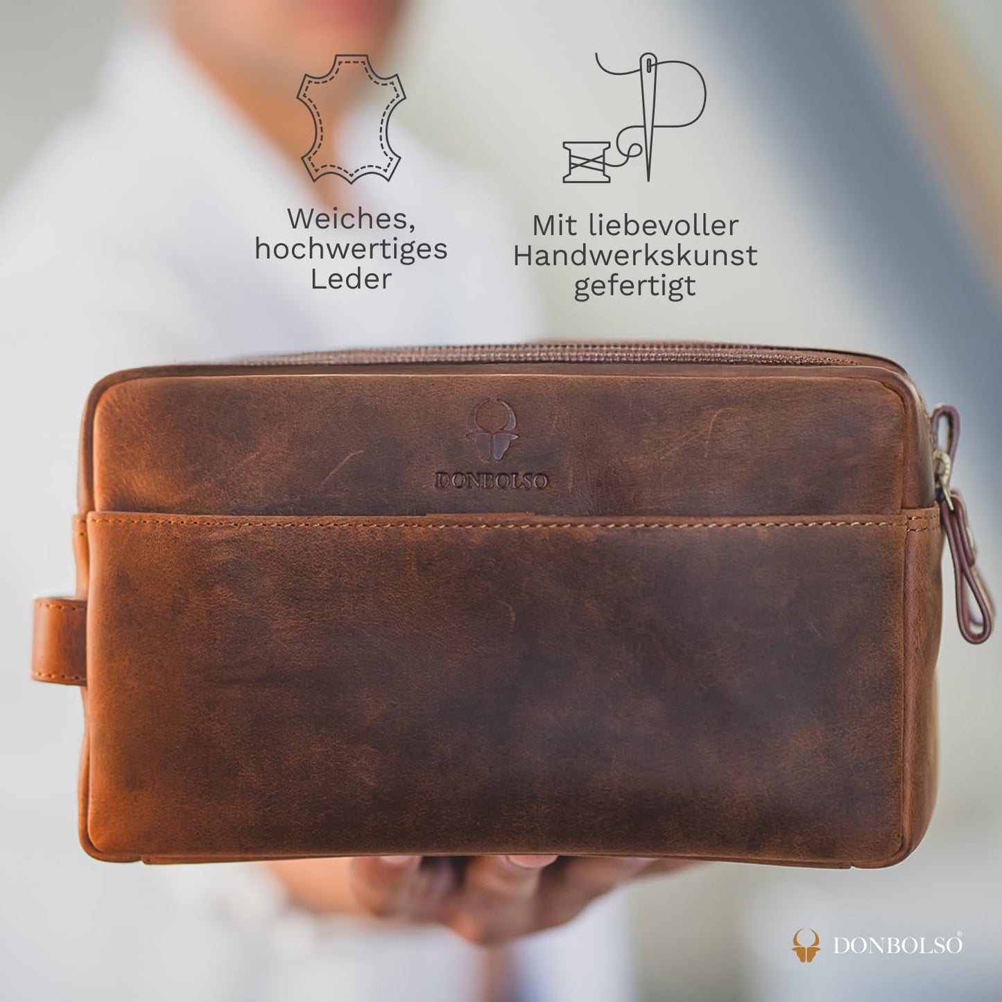 DONBOLSO Culture Bag Stockholm - Leather Cosmetic Bag for Women and Men - Genuine Leather Travel Toiletry Bag and Bath Bag - Practical Makeup Bag with plenty of storage space - Vintage Brown, 15x13x25 cm