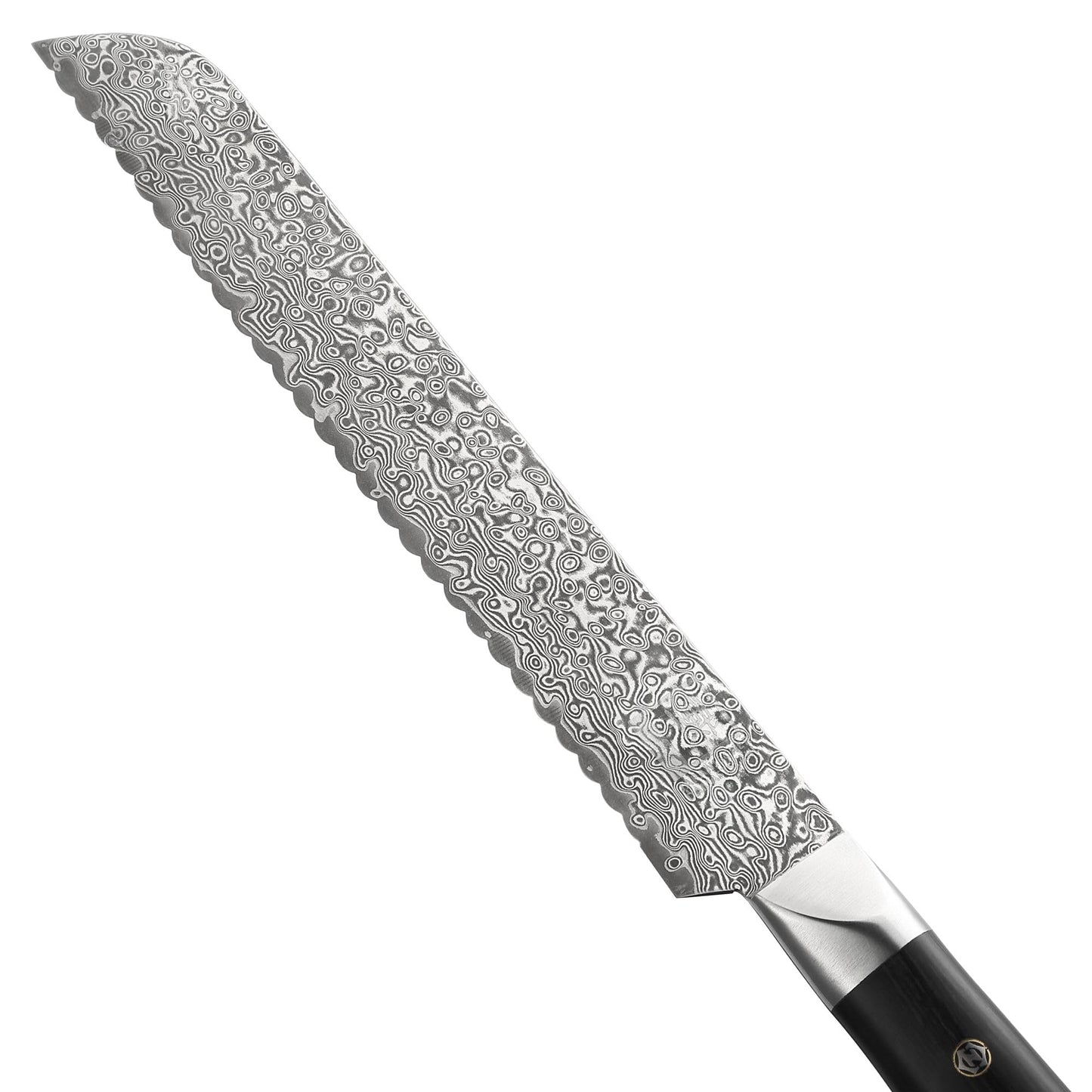 Zayiko Black Edition Damascus Bread Knife I 20 cm serrated blade made of 67 layers of Damascus steel I ergonomic Pakka wood handle I professional kitchen knife for bread, crusts & baked goods I comes in an elegant gift box.