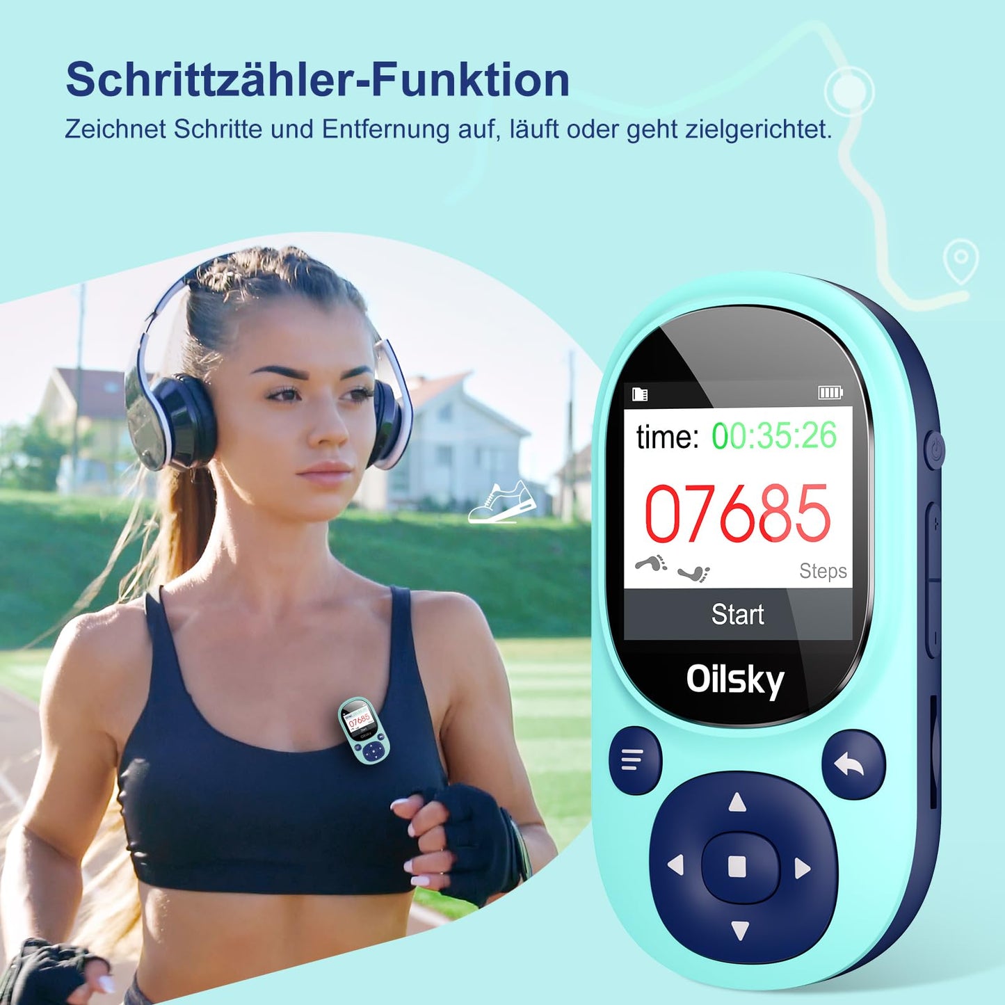 64GB Bluetooth MP3 player, Oilsky Clip-on Mp3 player for sports, mini portable music player for kids with FM radio, recording, pedometer, includes earphones.