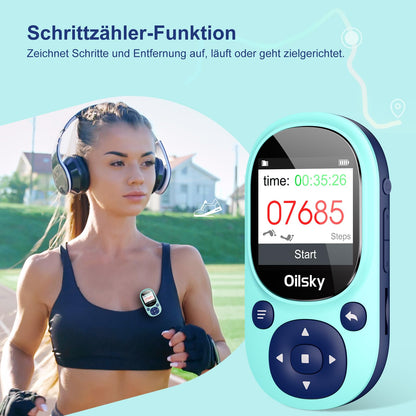 64GB Bluetooth MP3 player, Oilsky Clip-on Mp3 player for sports, mini portable music player for kids with FM radio, recording, pedometer, includes earphones.