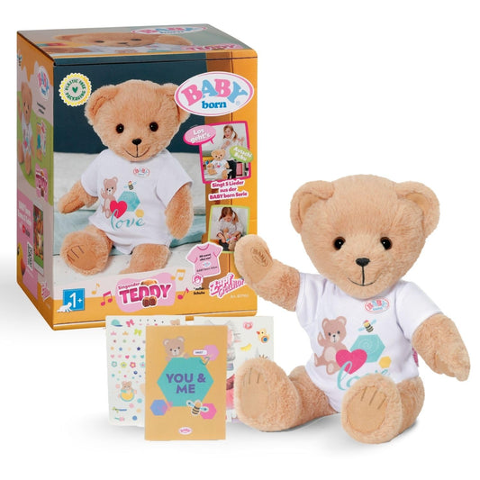 BABY born Singing Teddy - plush bear with sound function & white romper - movable arms & legs - suitable for children aged 18 months and older - sings 5 German songs from the series
