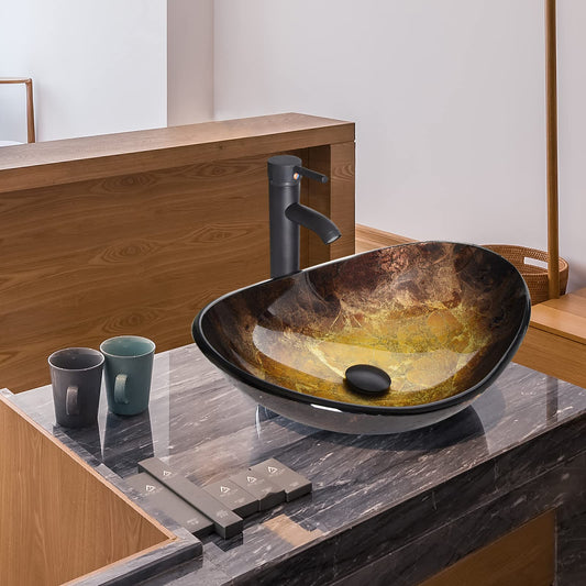 ARTETHYS glass basin, oval hand wash bowl with faucet set, countertop basin for bathroom guest WC, modern gold.