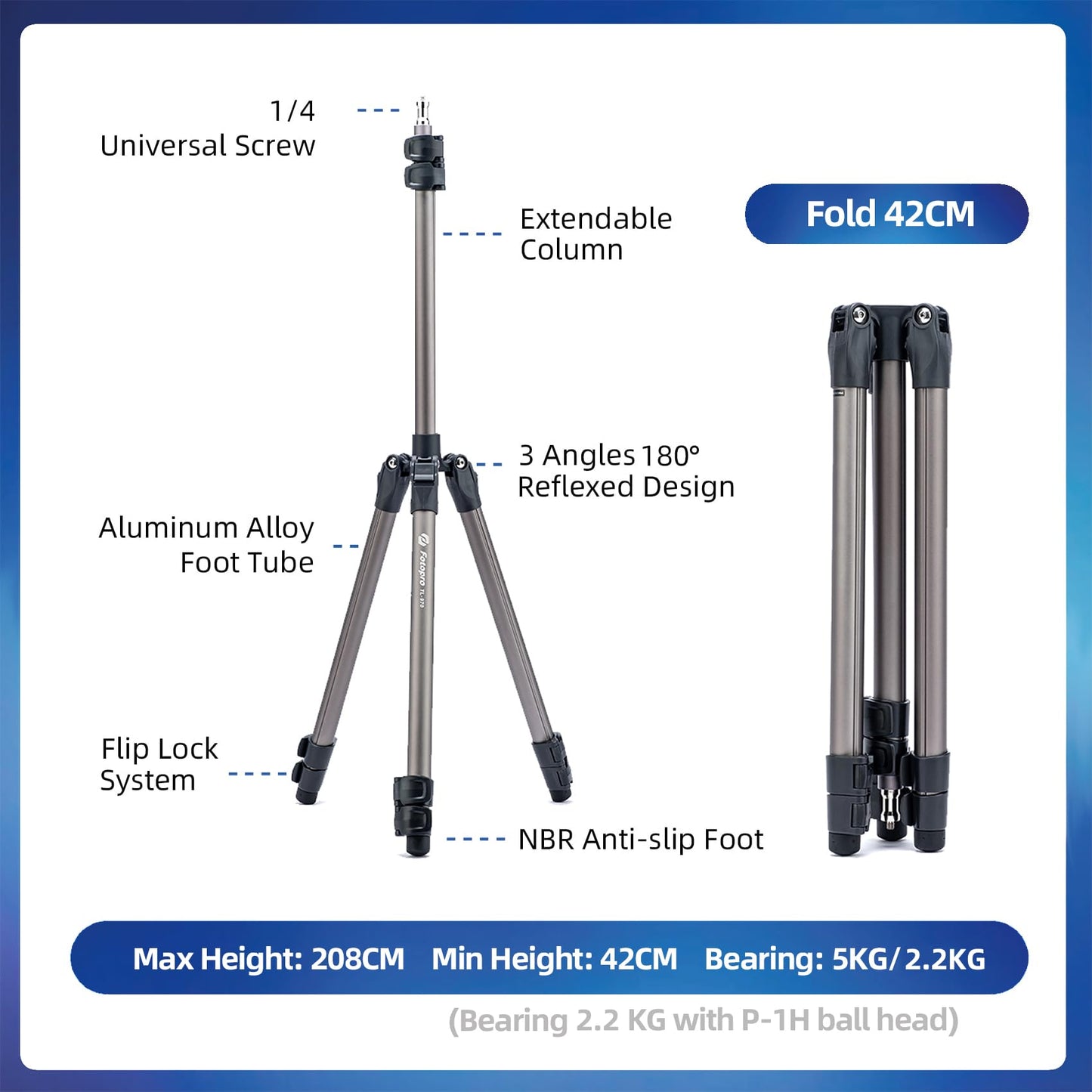 PhotoPro 208CM camera tripod with 360° ball head, phone holder, tall and durable ring light tripod for camera and phone, maximum load 5 kg.