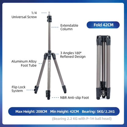 PhotoPro 208CM camera tripod with 360° ball head, phone holder, tall and durable ring light tripod for camera and phone, maximum load 5 kg.