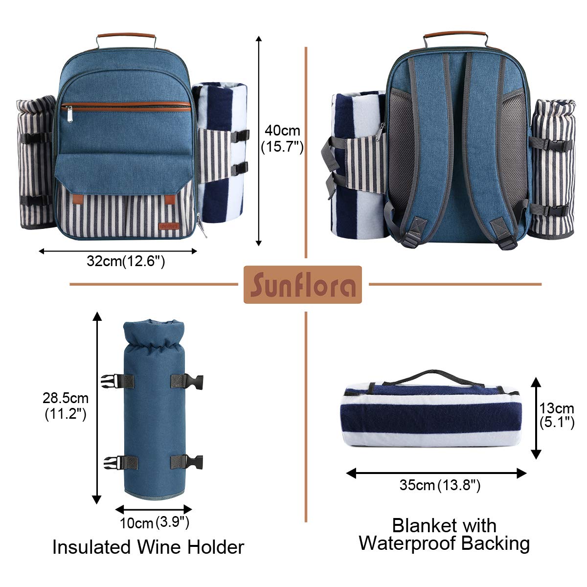 Sunflora picnic backpack set for 4 with insulated cooler and blanket, picnic basket for 4 people for camping outdoor (blue & stripes)