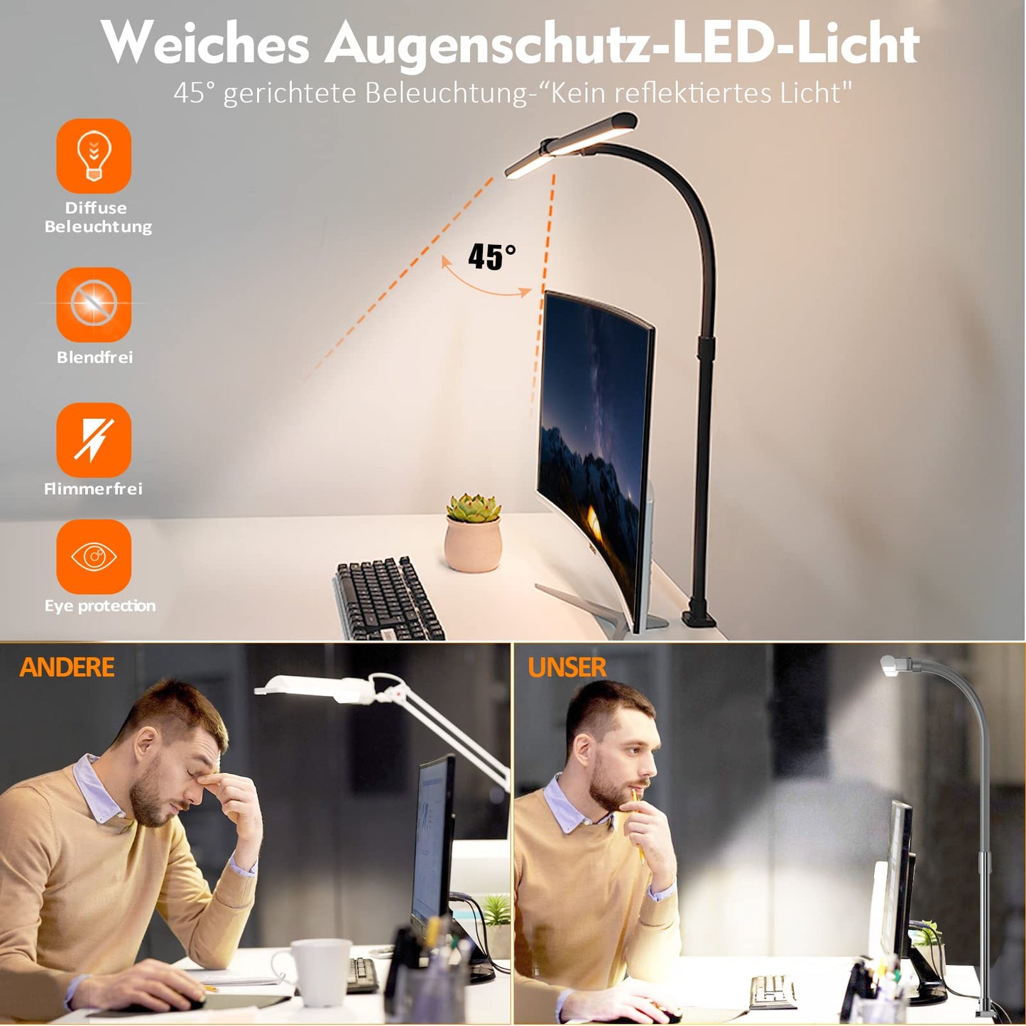LOTTBUTY Double-headed Desk Lamp LED dimmable, 24W 80CM Home Office Daylight Desk Lamp, Swan Neck Office Table Lamp (Black, Clampable)