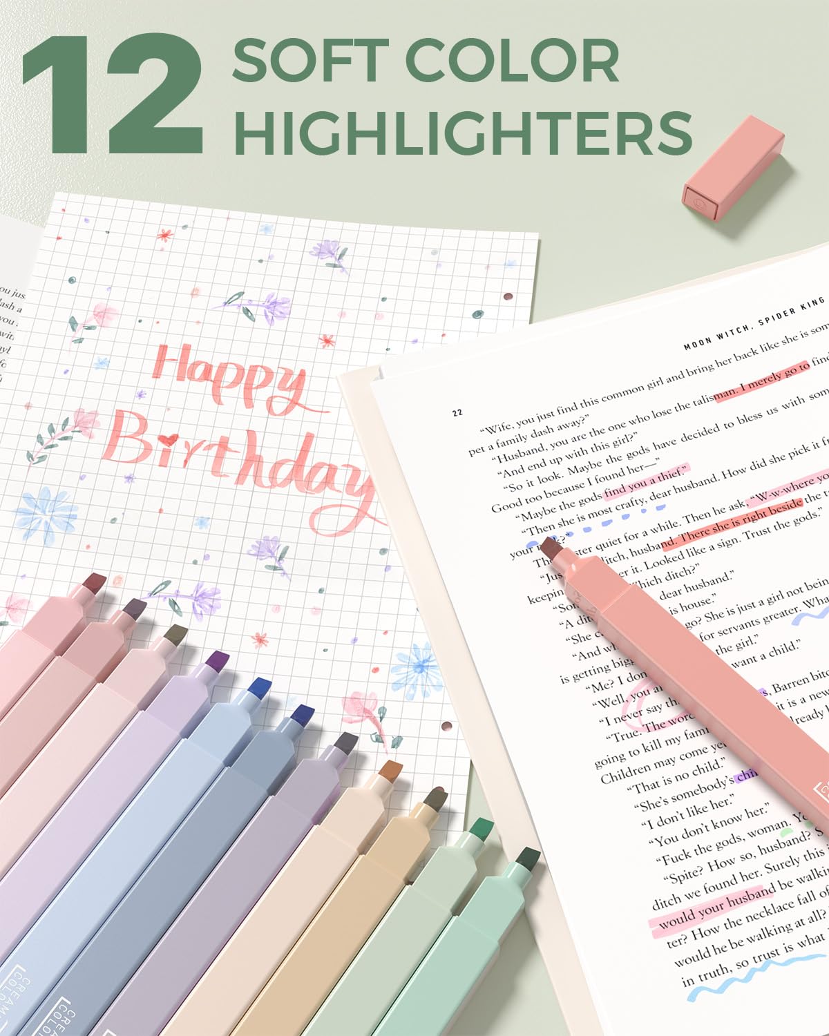 Aesthetic school supplies with pencil case, 6 colored pens, 12 pastel highlighters, 5 black ink gel pens, and 9 mechanical pencils 0.5-2.0 mm (green) - 56 PCS.
