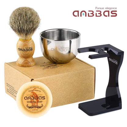 Anbbas men's gift set includes a pure badger hair shaving brush, badger shaving soap, and an acrylic shaving stand with bowl.