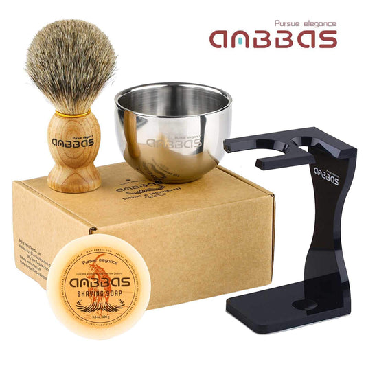Anbbas men's gift set includes a pure badger hair shaving brush, badger shaving soap, and an acrylic shaving stand with bowl.