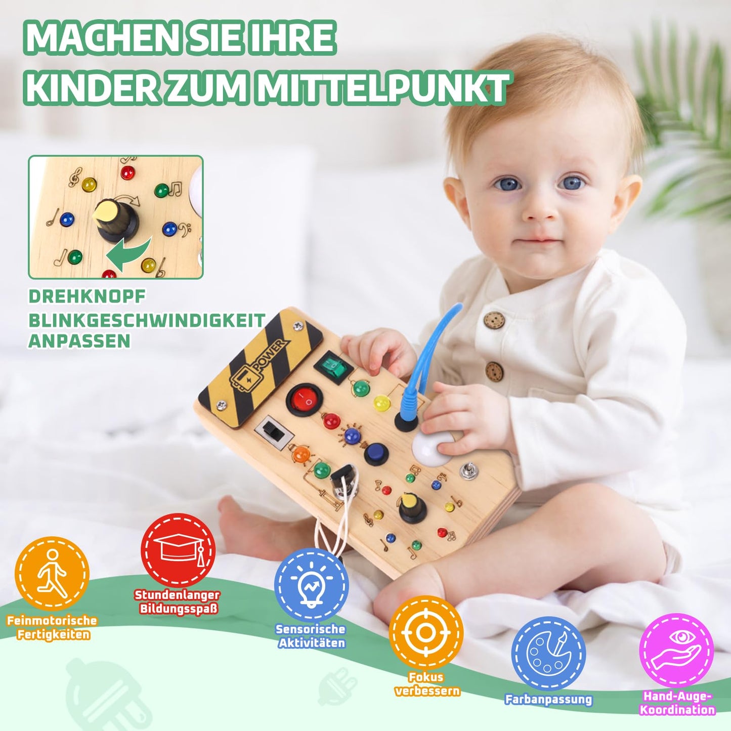Montessori Busy Board Activity Board for 1 year and up. Wooden toy with 15 LED light switch toys. Sensory learning toy for babies and toddlers ages 1-3.