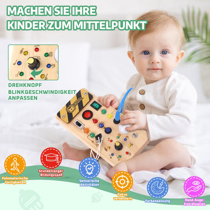 Montessori Busy Board Activity Board for 1 year and up. Wooden toy with 15 LED light switch toys. Sensory learning toy for babies and toddlers ages 1-3.