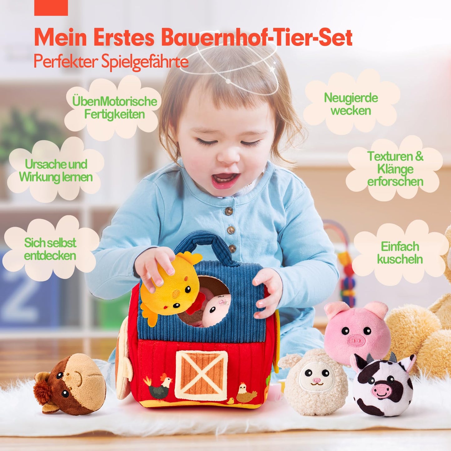 hahaland Baby Toys 6-12 Months - Farm Original Montessori Sensory Toy with Barn · 6 Animal Rattles & Mirror · Kids Motor Skills Toy 1-3 Years · Christmas and Easter Gift