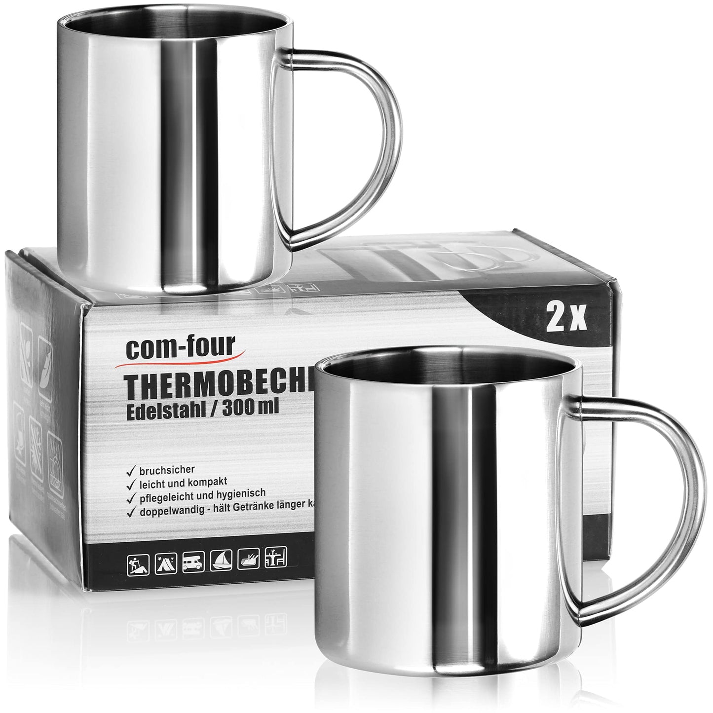 com-four® 2x Stainless Steel Thermal Mug - 300 ml per mug - Double-walled insulated cup - Breakproof coffee cup - Thermal drinking cup - Camping mug - Cup - BPA-free (300ml)