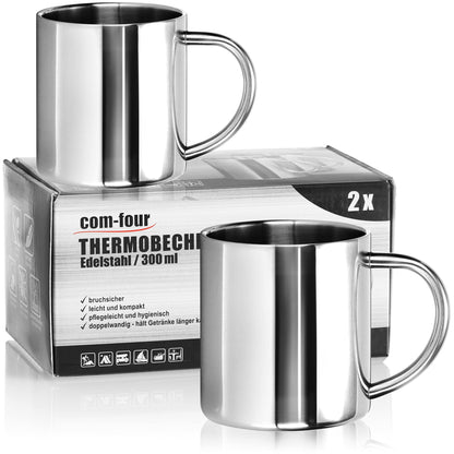 com-four® 2x Stainless Steel Thermal Mug - 300 ml per mug - Double-walled insulated cup - Breakproof coffee cup - Thermal drinking cup - Camping mug - Cup - BPA-free (300ml)