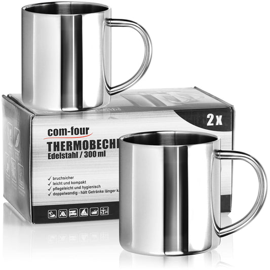 com-four® 2x Stainless Steel Thermal Mug - 300 ml per mug - Double-walled insulated cup - Breakproof coffee cup - Thermal drinking cup - Camping mug - Cup - BPA-free (300ml)