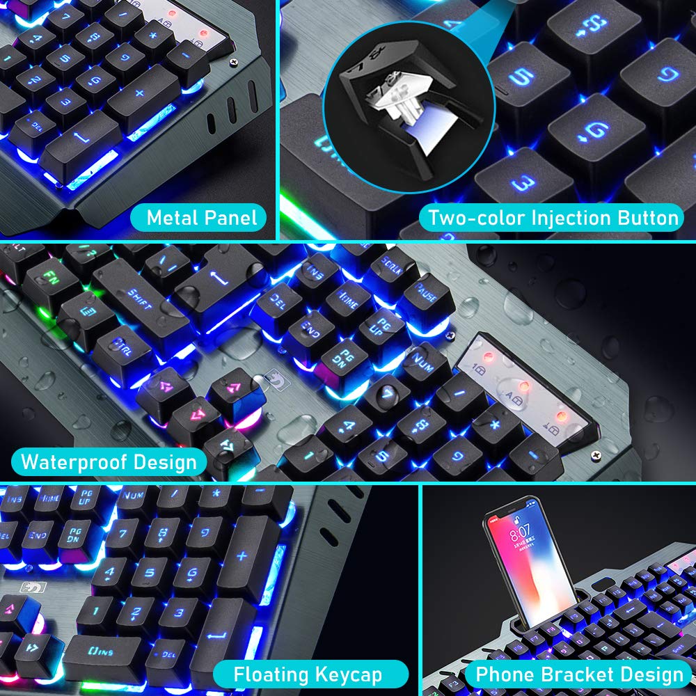 Wireless gaming keyboard and mouse set, 2.4G rechargeable 3800mAh large capacity, rainbow LED backlight gaming keyboard + 2400DPI 7-color breathing backlight mouse.