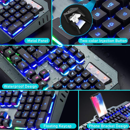 Wireless gaming keyboard and mouse set, 2.4G rechargeable 3800mAh large capacity, rainbow LED backlight gaming keyboard + 2400DPI 7-color breathing backlight mouse.
