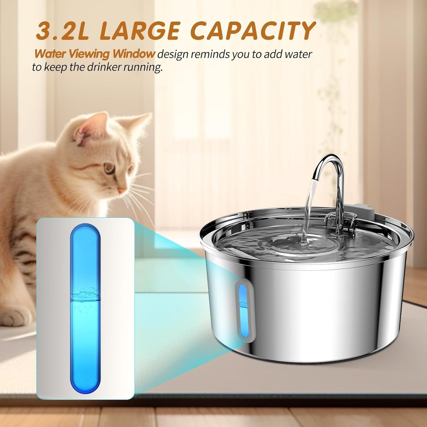 TOMXCUTE Cat Fountain Stainless Steel with Window, 3.2L Water Tap Drinking Fountain for Cats Terriers, Cat Drinking Fountain Dishwasher Safe, Quiet Pump, Double Filter Hygienic