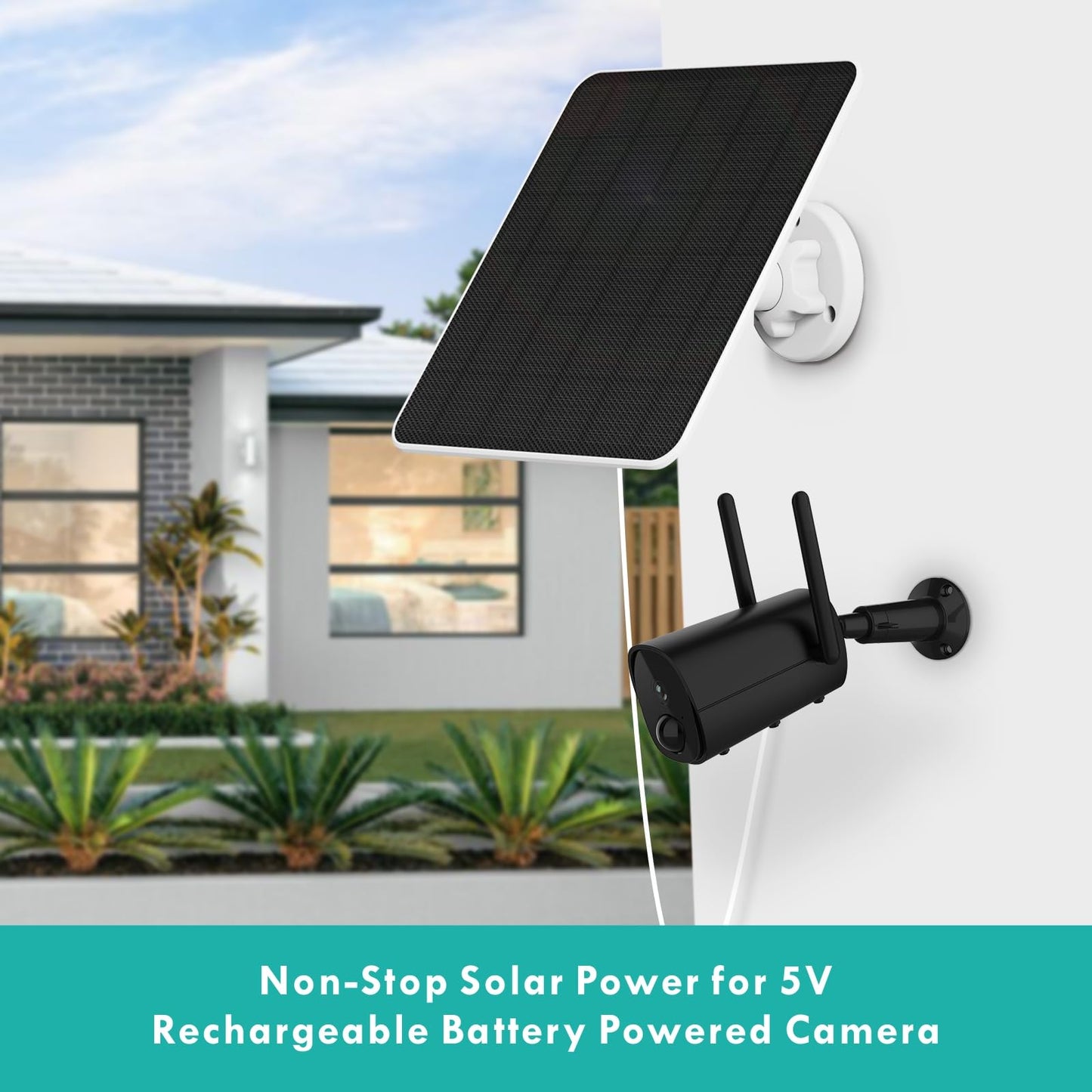 Solar panel for outdoor surveillance camera battery, 6W USB solar module compatible with DC 5V rechargeable battery security camera, camera solar module with adjustable wall mount.