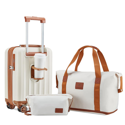 Joyway trolley suitcase, hard shell carry-on with drink holder, 4 wheels, TSA lock, white brown.