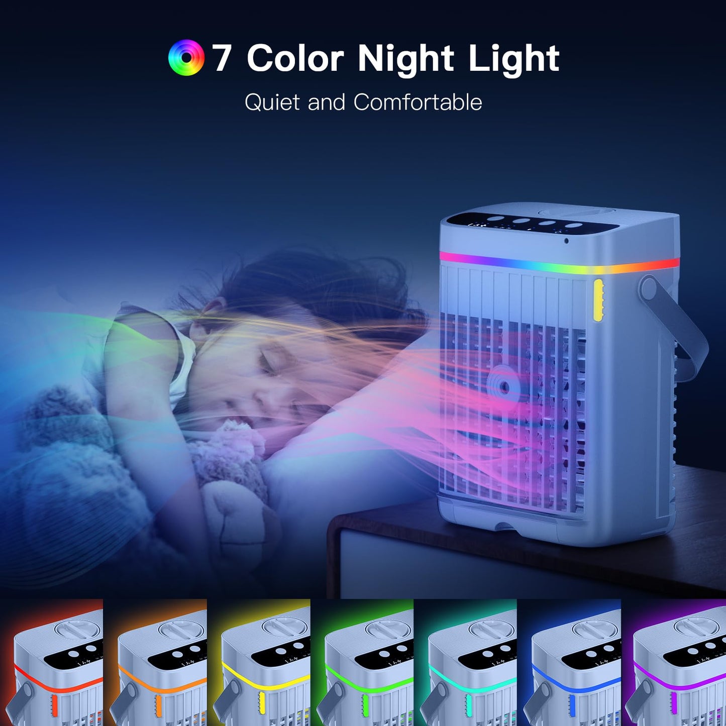 Mobile air conditioner, 4 in 1 portable air cooler with cooling mist, mobile air conditioning unit without exhaust hose, mini air cooler with 3 levels & 7 colors night light, portable air conditioner for home/office.