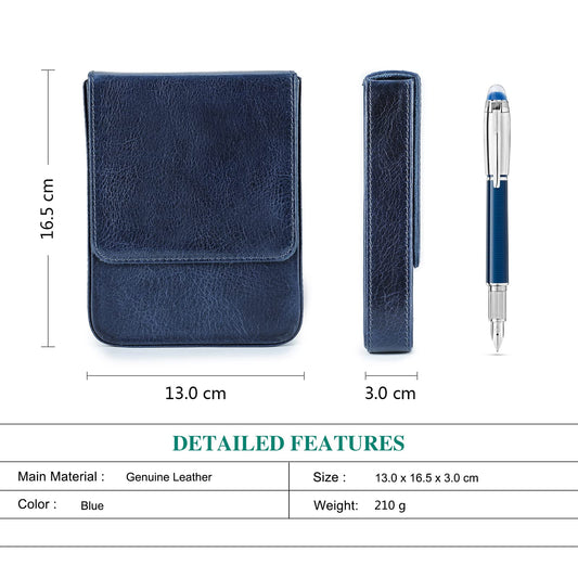Hiram leather fountain pen case for 6 pens, Portable leather pen storage box with hidden magnetic snap closure design (Blue)