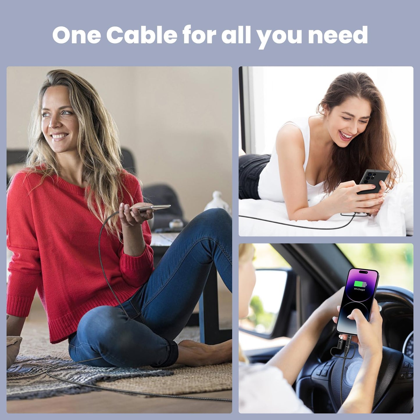 100W multi-USB cable, 6 in 1 multi charging cable USB C cable PD 5A fast charging cable USB A/C to USB C [100W] / iP [30W] / Micro [18W] Multiple universal charging cable for laptop tablet phone, 1.2M black