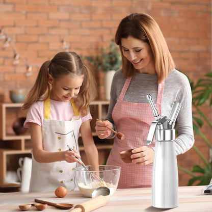 Newaner 500ml cream dispenser, cream syphon aluminum with 3 stainless steel decorative nozzles and 1 cleaning brush, leak-proof cream siphon for preparing whipped cream, cream, mousse, and desserts.
