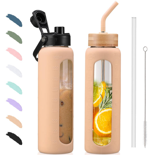 BLUEGO 900ml glass water bottle with straw and 2 lids Glass coffee cup with time markings and silicone sleeve Glass cup for drinks, soda, cola BPA-free, Amber