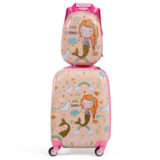 COSTWAY 2pc Kids Luggage Set, Plastic Kids Trolley + Backpack, Children's Suitcase, Kids Travel Luggage, Hard Shell Suitcase for Boys and Girls (Mermaids, 12"+18")