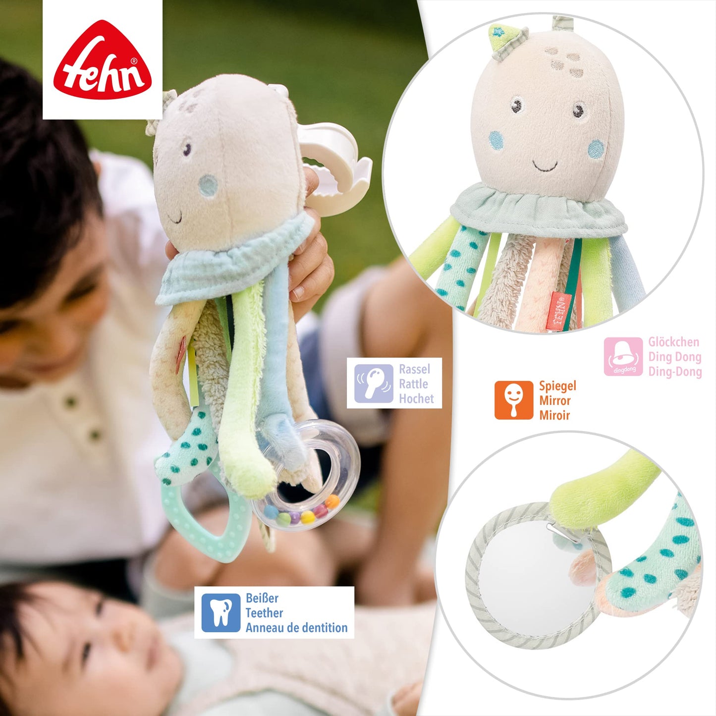 Fehn Activity Octopus Toy - Baby motor skills toy for strollers, cribs, and car seats for biting, grabbing, and making noise - Teething toy for babies and children aged 0+ months.