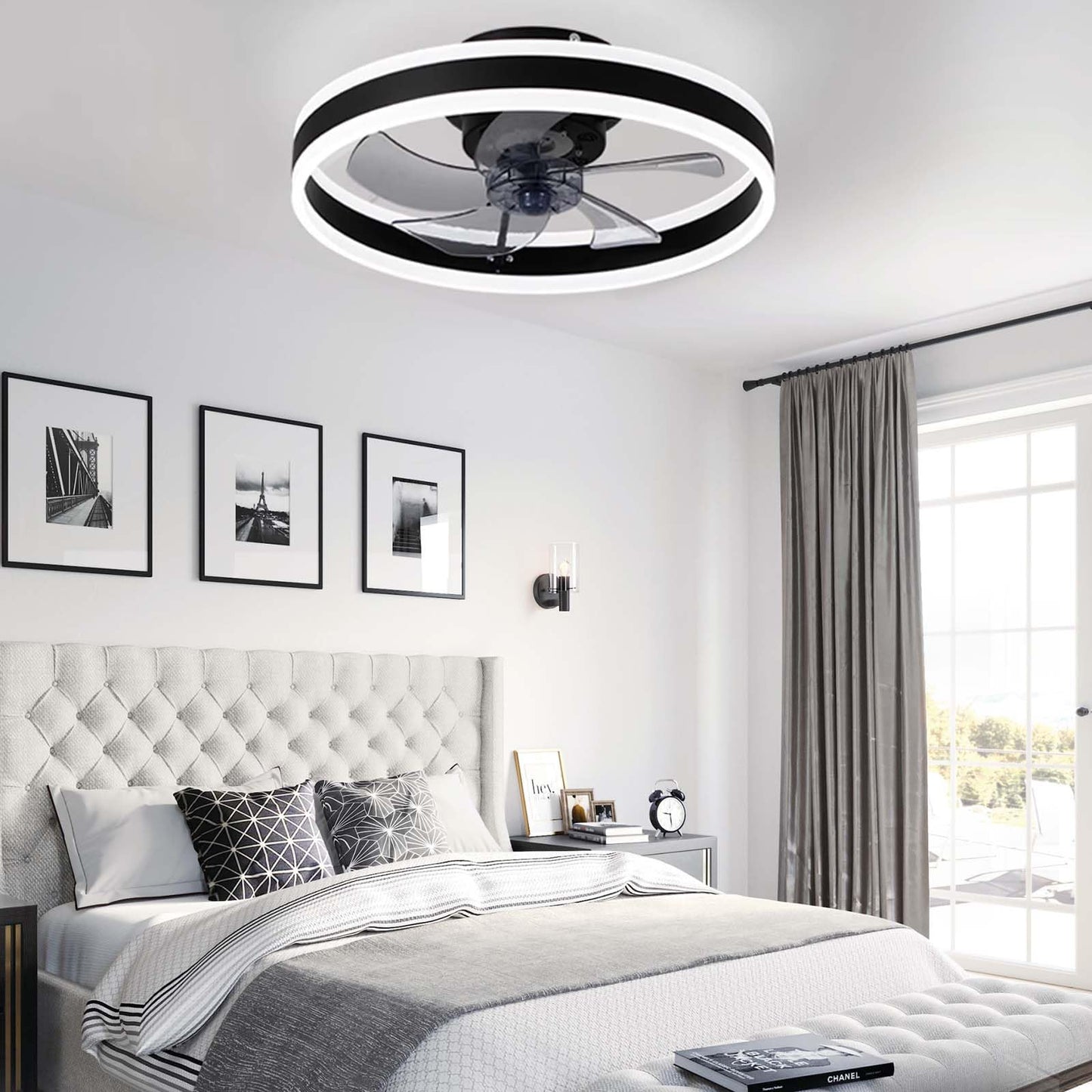 EIDISUNY Ceiling Fan with Light, Modern LED Ceiling Lamp with Fan and Remote Control, 3 Color Temperatures, Quiet Ceiling Fan with Light for Living Room Bedroom (Black-60W)