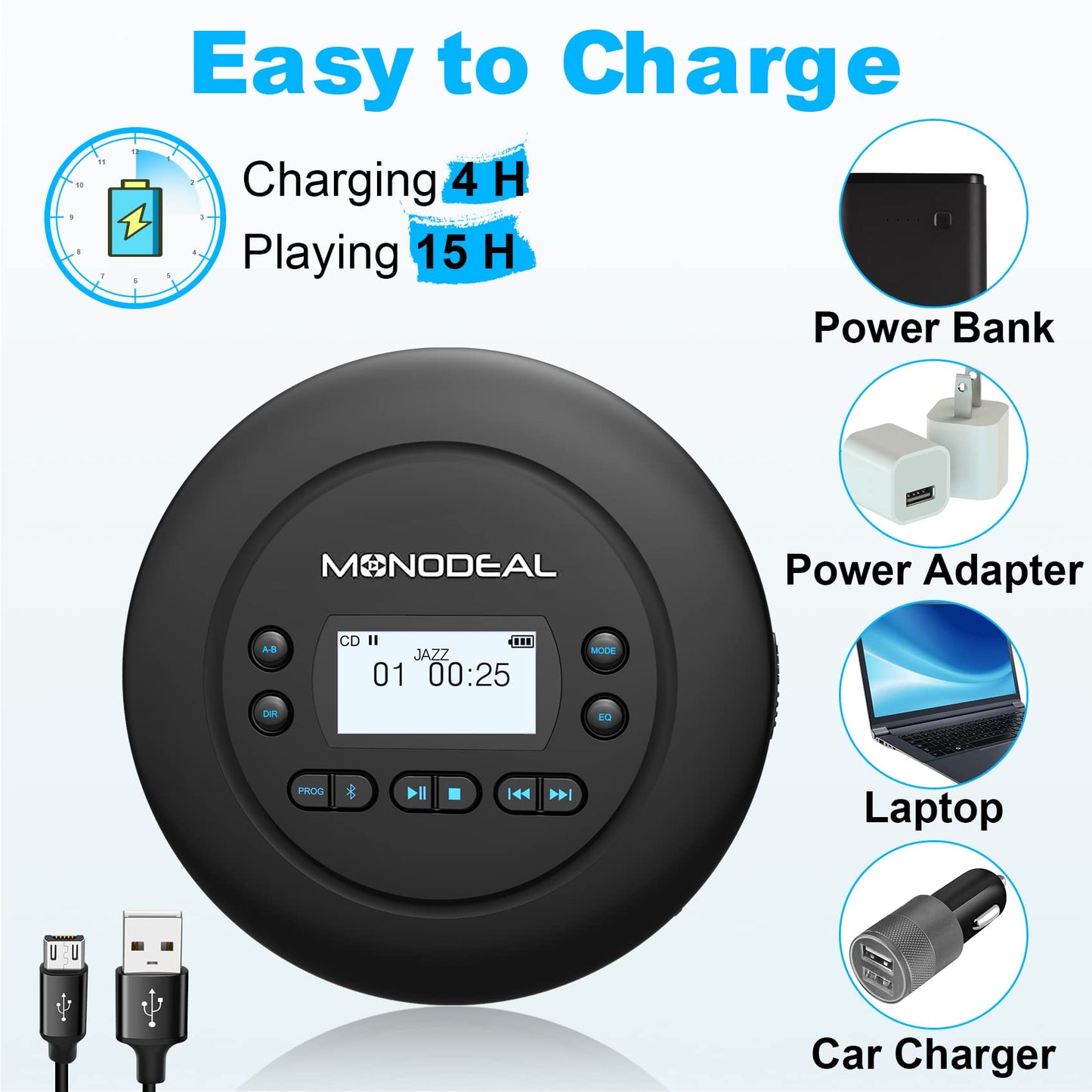 MONODEAL Portable CD Player Bluetooth, Rechargeable Discman for car and kids, Anti-Skip, compact with headphones