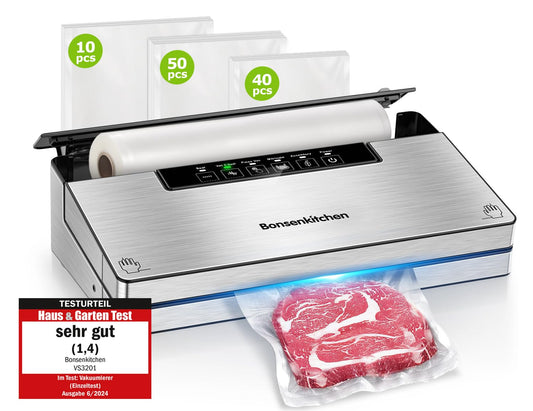 Bonsenkitchen Vacuum Sealer, Strong Vacuum Sealer with 5 Modes, 8 L/Min, Globefish Technology for Continuous High-Speed Operation, Includes 100 Vacuum Bags and 1 Roll Bag.