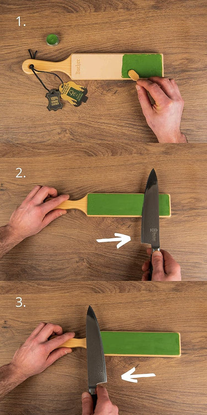 Bacher Premium Leather Strop Sharpening Tool for knives set with 4 x 7g polishing paste. Hardwood paddle handle, covered with 1/8" thick, bark-tanned cowhide.