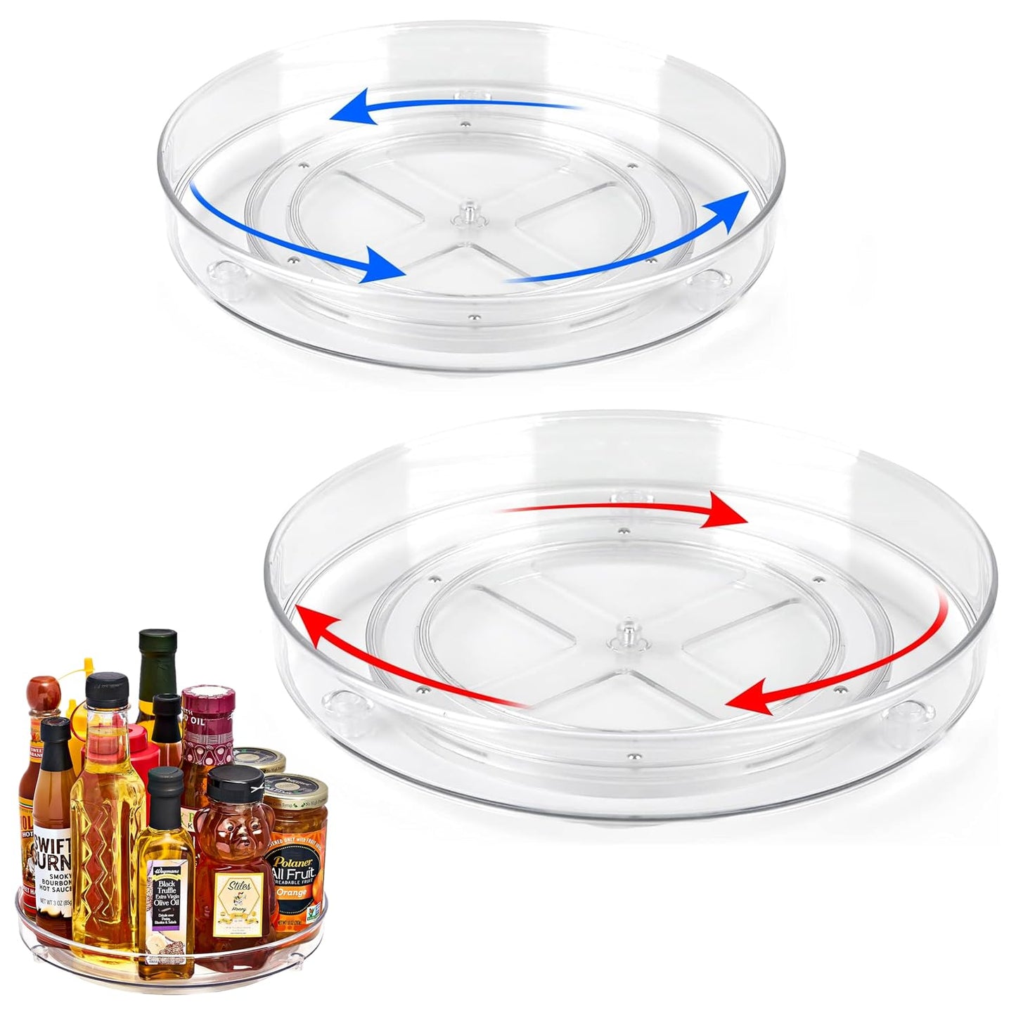 2 pieces Turntable Fridge Organizer Lazy Susan (23.5cm&27cm), 360° Rotating Kitchen Organizer Rotating Spice Rack for Spice Pantry Cabinet Bathroom Dresser. (Transparent)