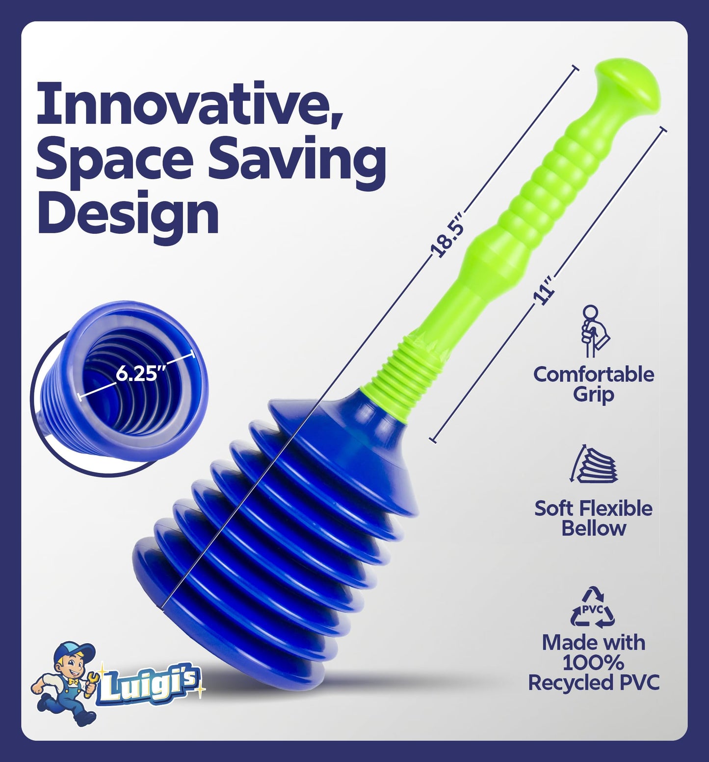 Luigi's sink and drain plunger - for bathroom kitchen sink baths and showers - powerful toilet plunger small with large bellows
