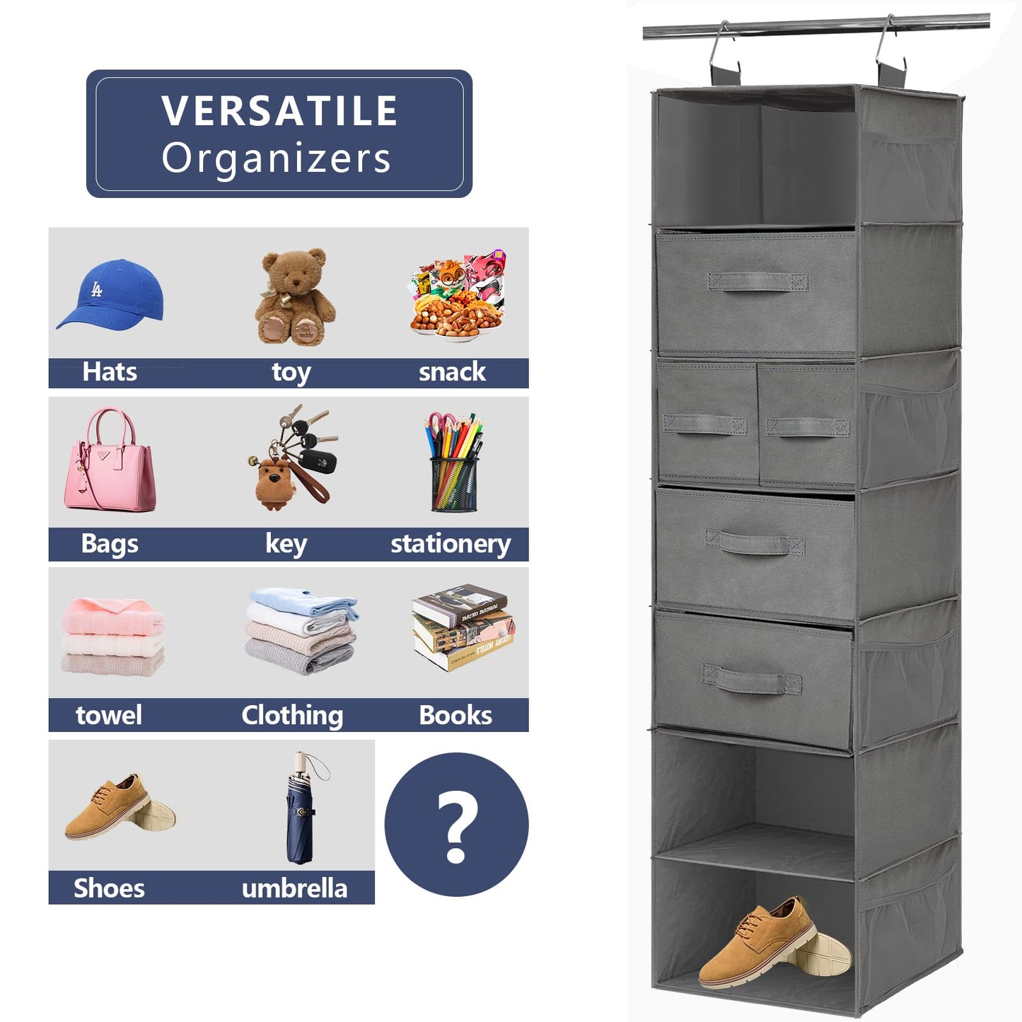 VERONLY hanging shelf with 7 compartments hanging organizer wardrobe organizer hanging storage fabric with 5 drawers and 8 mesh pockets foldable storage system for bedroom, camper camping (gray)